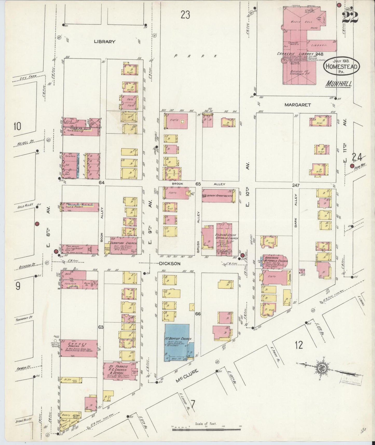 Sanborn Fire Insurance Map from Homestead, Allegheny County, Pennsylvania (1913), Sheet #0022 - Historic Sanborn Fire Insurance Map Print, vintage old map wall art, antique decor, genealogy gift, Pennsylvania Pennsylvania map