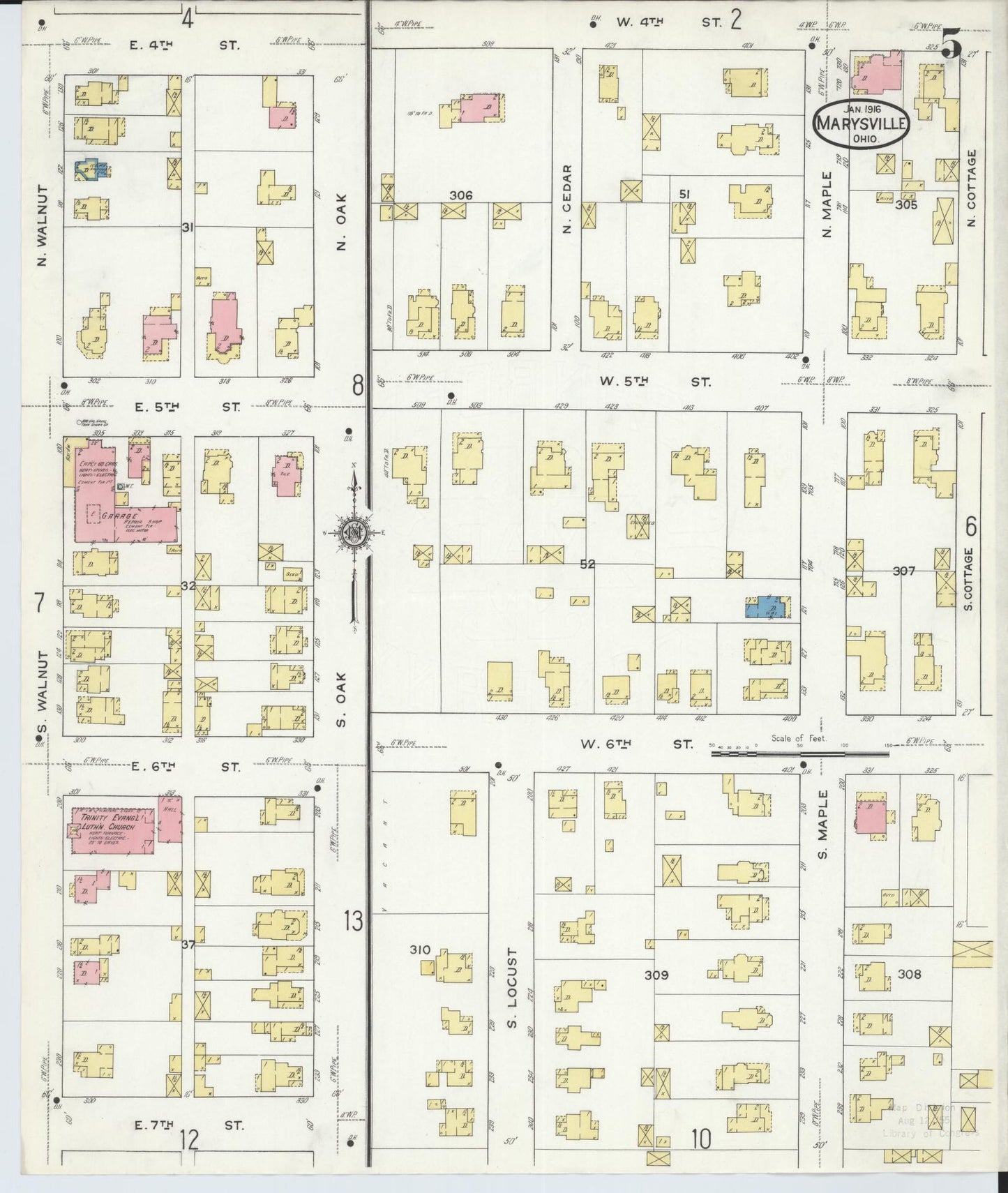 Sanborn Fire Insurance Map from Marysville, Union County, Ohio (1916), Sheet #0005 - Historic Sanborn Fire Insurance Map Print, vintage old map wall art, antique decor, genealogy gift, Ohio Ohio map