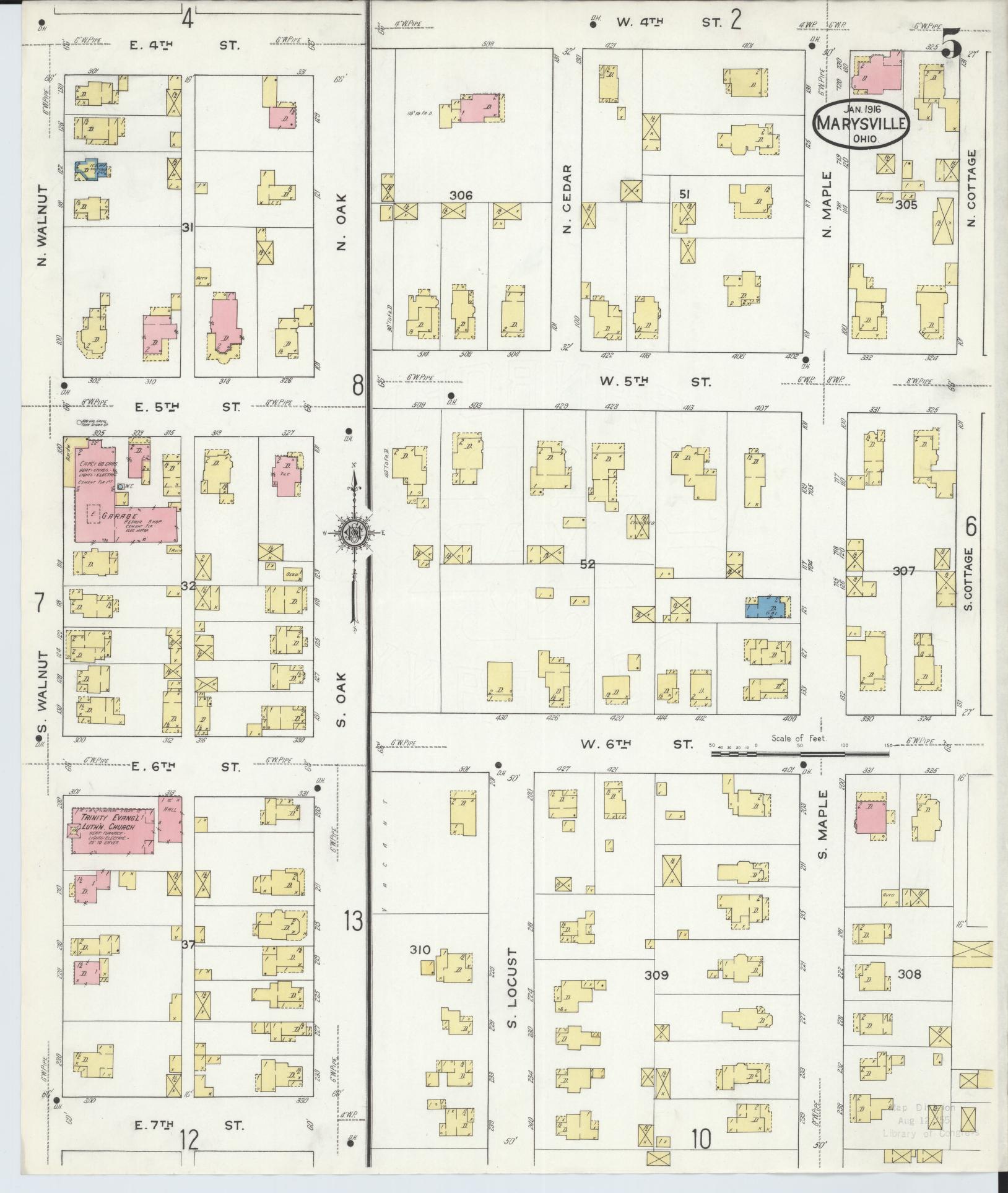 Sanborn Fire Insurance Map from Marysville, Union County, Ohio (1916), Sheet #0005 - Historic Sanborn Fire Insurance Map Print, vintage old map wall art, antique decor, genealogy gift, Ohio Ohio map