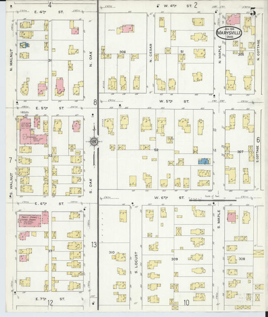 Sanborn Fire Insurance Map from Marysville, Union County, Ohio (1916), Sheet #0005 - Historic Sanborn Fire Insurance Map Print, vintage old map wall art, antique decor, genealogy gift, Ohio Ohio map