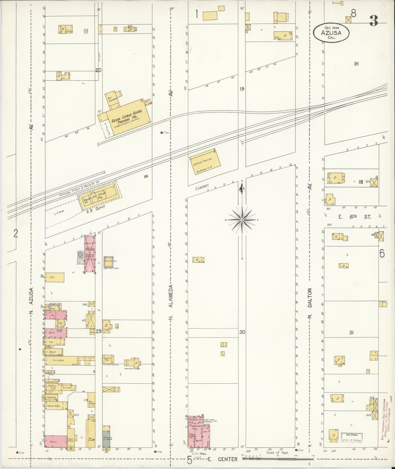 Sanborn Fire Insurance Map from Azusa, Los Angeles County, California (1906), Sheet #0003 - Historic Sanborn Fire Insurance Map Print, vintage old map wall art, antique decor, genealogy gift, California California map