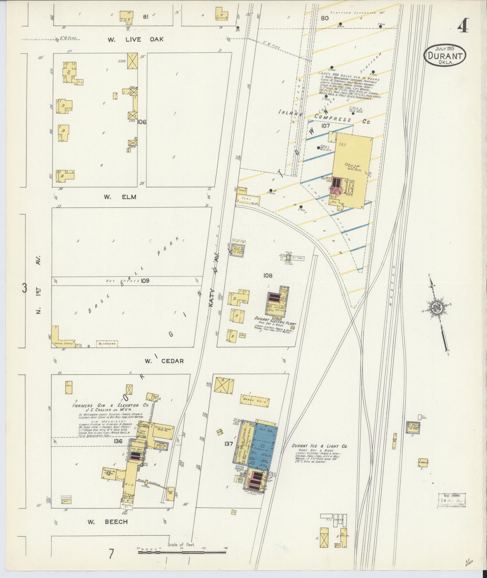 Sanborn Fire Insurance Map from Durant, Bryan County, Oklahoma (1913), Sheet #0004 - Complete Map Set gallery image, historic Sanborn map, vintage wall art, Oklahoma Oklahoma