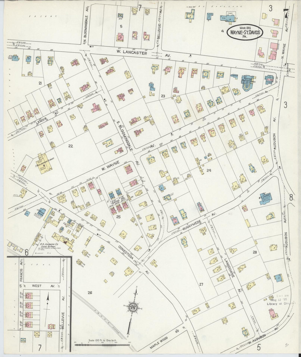 Sanborn Fire Insurance Map from Wayne, Delaware County, Pennsylvania (1914), Sheet #0007 - Historic Sanborn Fire Insurance Map Print, vintage old map wall art, antique decor, genealogy gift, Wayne Delaware map
