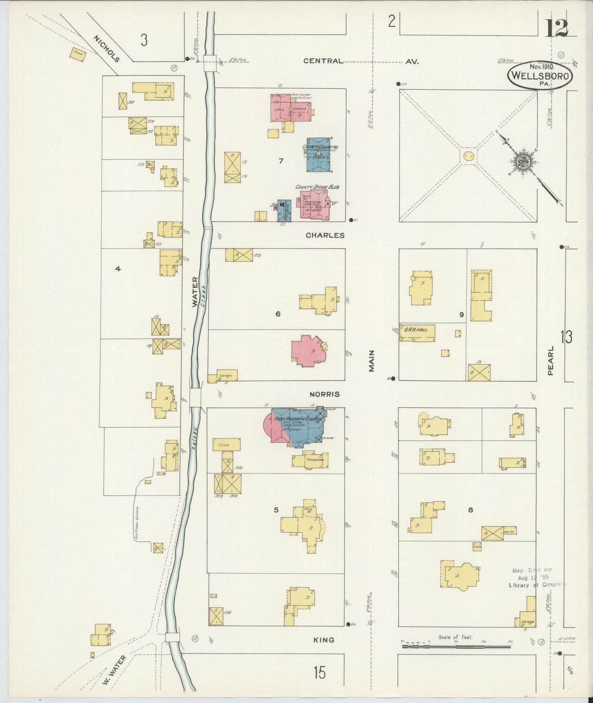 Sanborn Fire Insurance Map from Wellsboro, Tioga County, Pennsylvania (1910), Sheet #0012 - Historic Sanborn Fire Insurance Map Print, vintage old map wall art, antique decor, genealogy gift, Pennsylvania Pennsylvania map