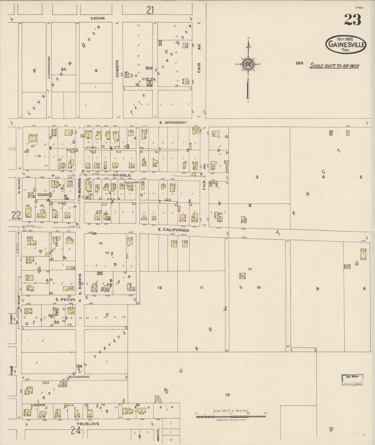 Sanborn Fire Insurance Map from Gainesville, Cooke County, Texas (1922), Sheet #0023 - Complete Map Set gallery image, historic Sanborn map, vintage wall art, Texas Texas