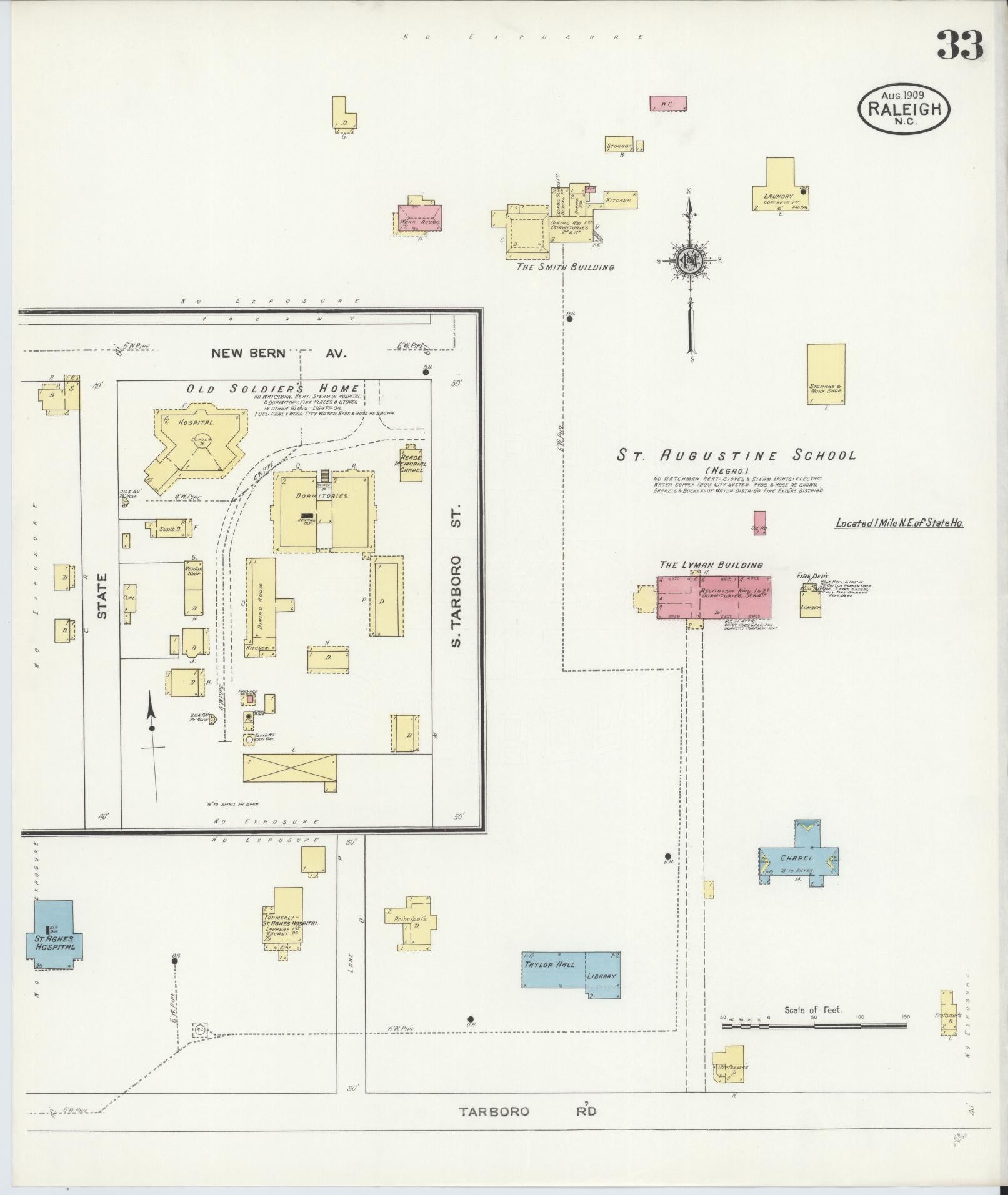 Sanborn Fire Insurance Map from Raleigh, Wake County, North Carolina (1909), Sheet #0033 - Historic Sanborn Fire Insurance Map Print, vintage old map wall art, antique decor, genealogy gift, North Carolina North Carolina map