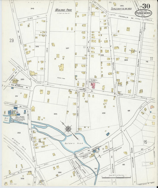 Sanborn Fire Insurance Map from Ridgewood, Bergen County, New Jersey (1916), Sheet #0030 - Historic Sanborn Fire Insurance Map Print, vintage old map wall art, antique decor, genealogy gift, New Jersey New Jersey map