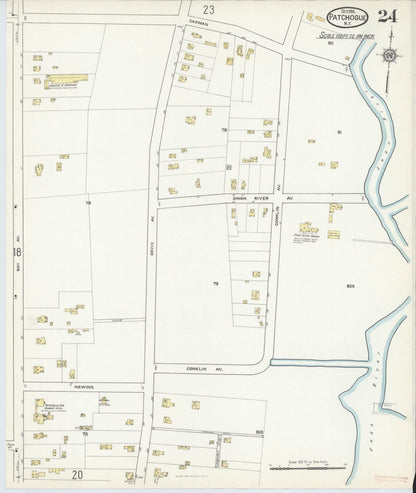 Sanborn Fire Insurance Map from Patchogue, Suffolk County, New York (1916), Sheet #0024 - Historic Sanborn Fire Insurance Map Print, vintage old map wall art, antique decor, genealogy gift, New York New York map