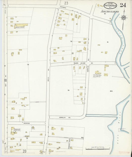 Sanborn Fire Insurance Map from Patchogue, Suffolk County, New York (1916), Sheet #0024 - Historic Sanborn Fire Insurance Map Print, vintage old map wall art, antique decor, genealogy gift, New York New York map
