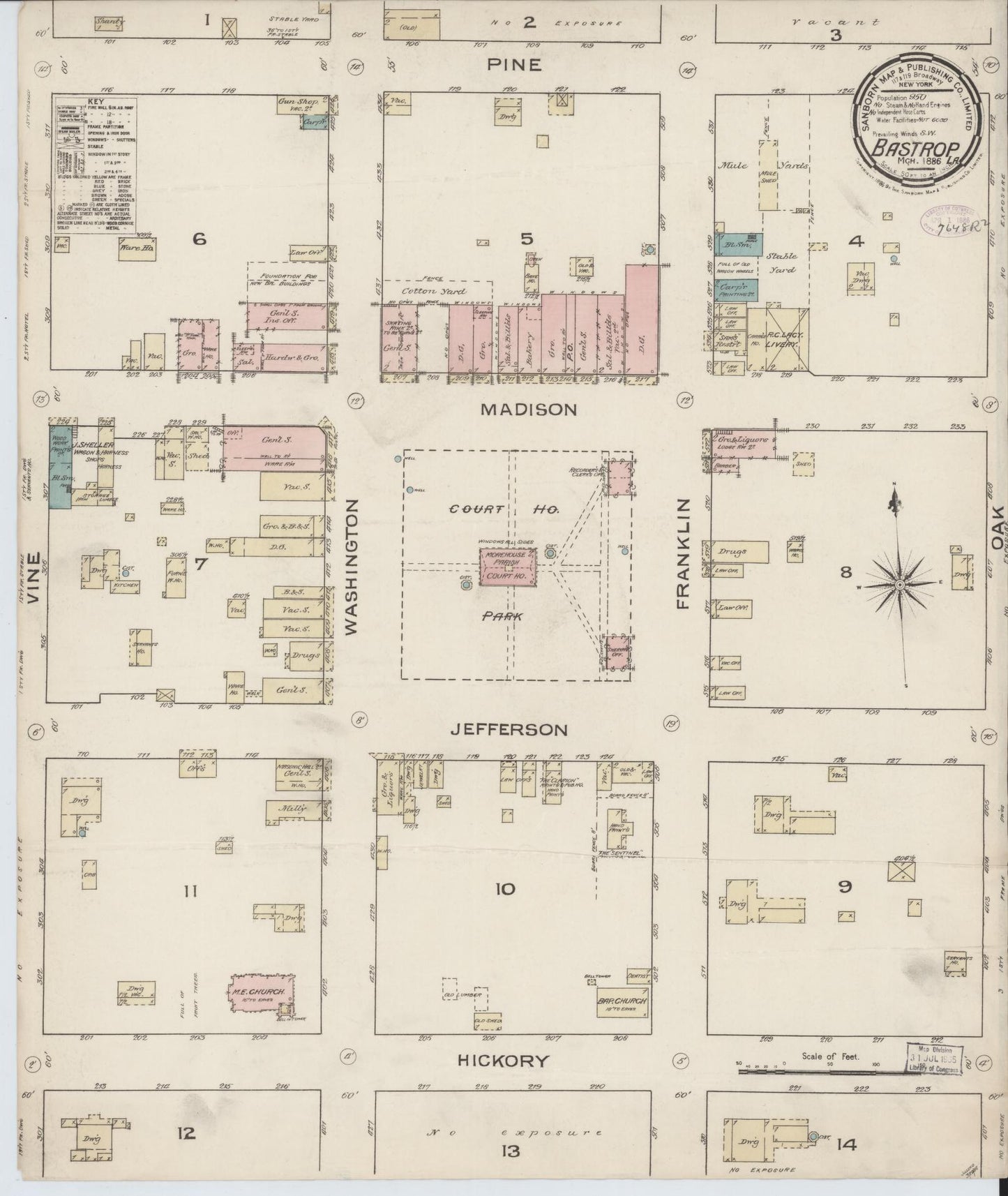 Sanborn Fire Insurance Map from Bastrop, Morehouse Parish, Louisiana (1886), Sheet #0001 - Historic Sanborn Fire Insurance Map Print, vintage old map wall art, antique decor, genealogy gift, Louisiana Louisiana map
