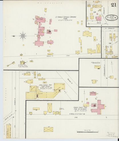 Sanborn Fire Insurance Map from Tiffin, Seneca County, Ohio (1896), Sheet #0021 - Historic Sanborn Fire Insurance Map Print, vintage old map wall art, antique decor, genealogy gift, Ohio Ohio map