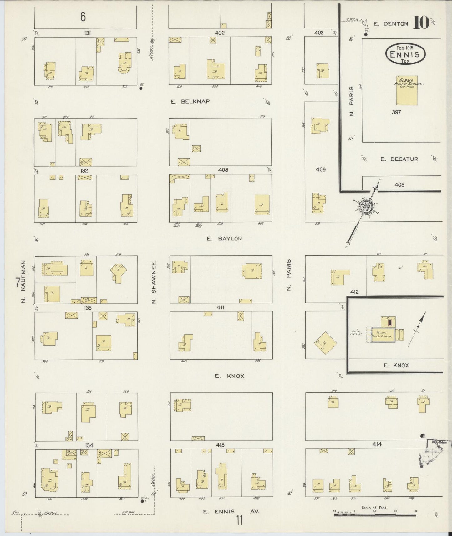 Sanborn Fire Insurance Map from Ennis, Ellis County, Texas (1915), Sheet #0010 - Historic Sanborn Fire Insurance Map Print, vintage old map wall art, antique decor, genealogy gift, Texas Texas map