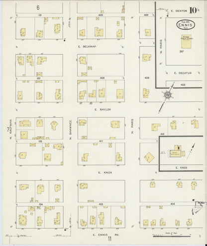 Sanborn Fire Insurance Map from Ennis, Ellis County, Texas (1915), Sheet #0010 - Historic Sanborn Fire Insurance Map Print, vintage old map wall art, antique decor, genealogy gift, Texas Texas map