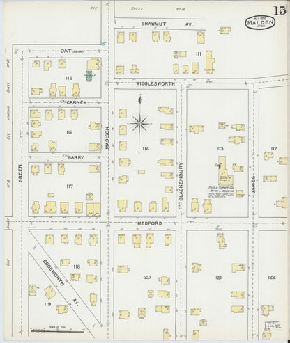 Sanborn Fire Insurance Map from Malden, Middlesex County, Massachusetts (1892), Sheet #0015 - Historic Sanborn Fire Insurance Map Print, vintage old map wall art, antique decor, genealogy gift, Massachusetts Massachusetts map