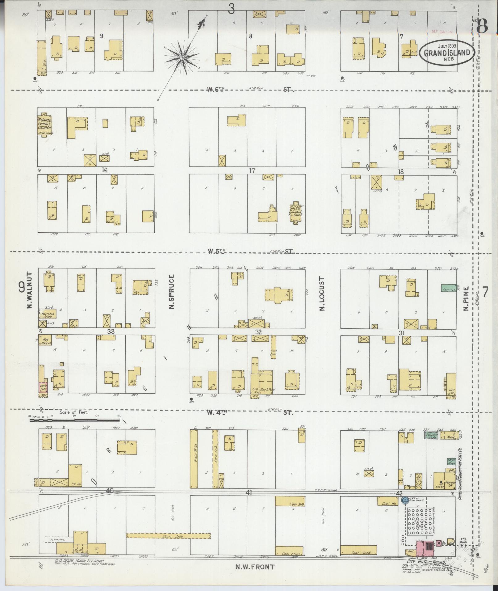 Sanborn Fire Insurance Map from Grand Island, Hall County, Nebraska (1899), Sheet #0008 - Historic Sanborn Fire Insurance Map Print, vintage old map wall art, antique decor, genealogy gift, Nebraska Nebraska map