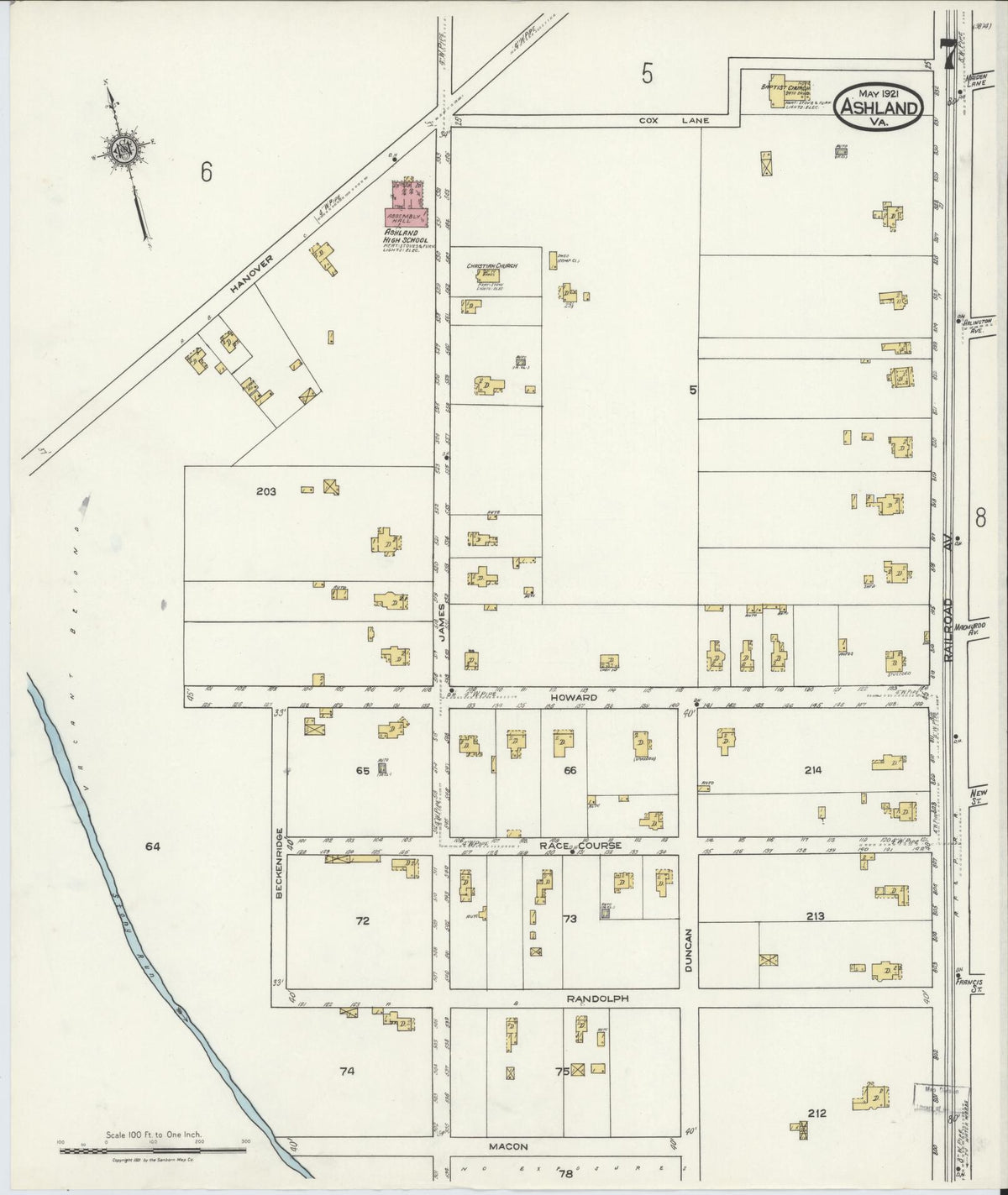 Sanborn Fire Insurance Map from Ashland, Hanover County, Virginia (1921), Sheet #0007 - Complete Map Set gallery image, historic Sanborn map, vintage wall art, Virginia Virginia