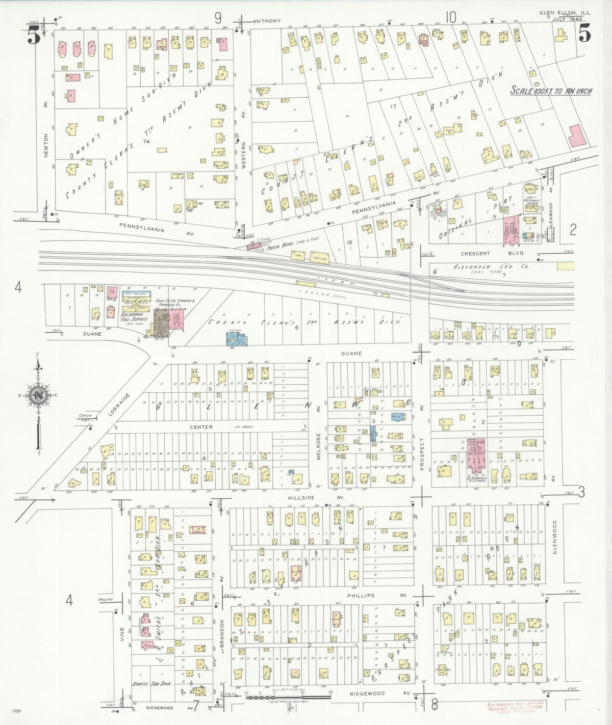 Sanborn Fire Insurance Map from Glen Ellyn, Du Page County, Illinois (1940), Sheet #0005 - Historic Sanborn Fire Insurance Map Print, vintage old map wall art, antique decor, genealogy gift, Illinois Illinois map