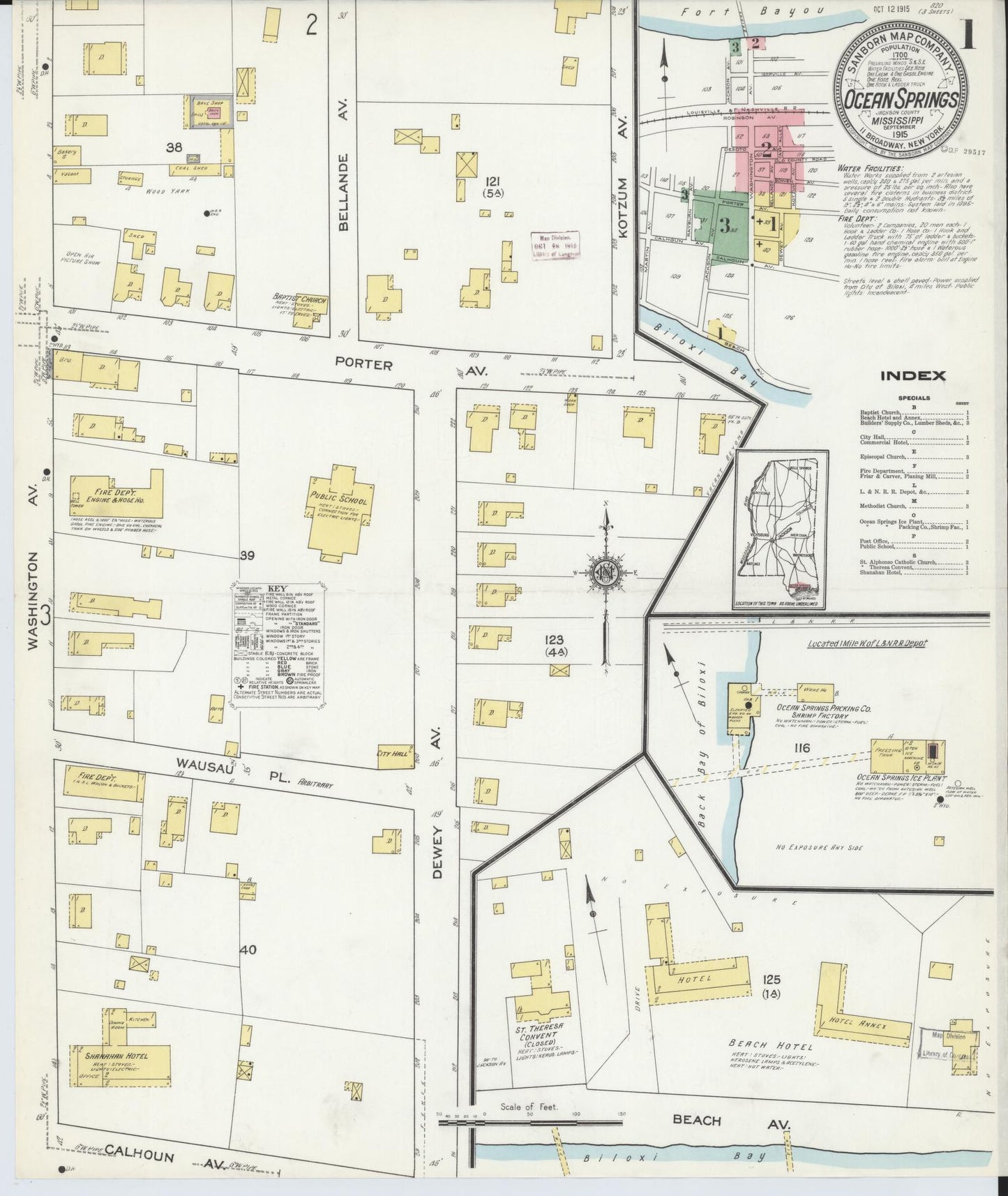 Sanborn Fire Insurance Map from Ocean Springs, Jackson County, Mississippi (1915), Sheet #0001 - Historic Sanborn Fire Insurance Map Print, vintage old map wall art, antique decor, genealogy gift, Mississippi Mississippi map