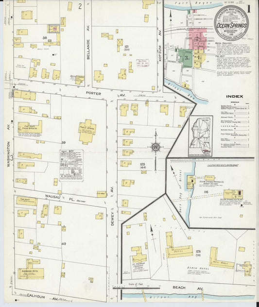 Sanborn Fire Insurance Map from Ocean Springs, Jackson County, Mississippi (1915), Sheet #0001 - Historic Sanborn Fire Insurance Map Print, vintage old map wall art, antique decor, genealogy gift, Mississippi Mississippi map