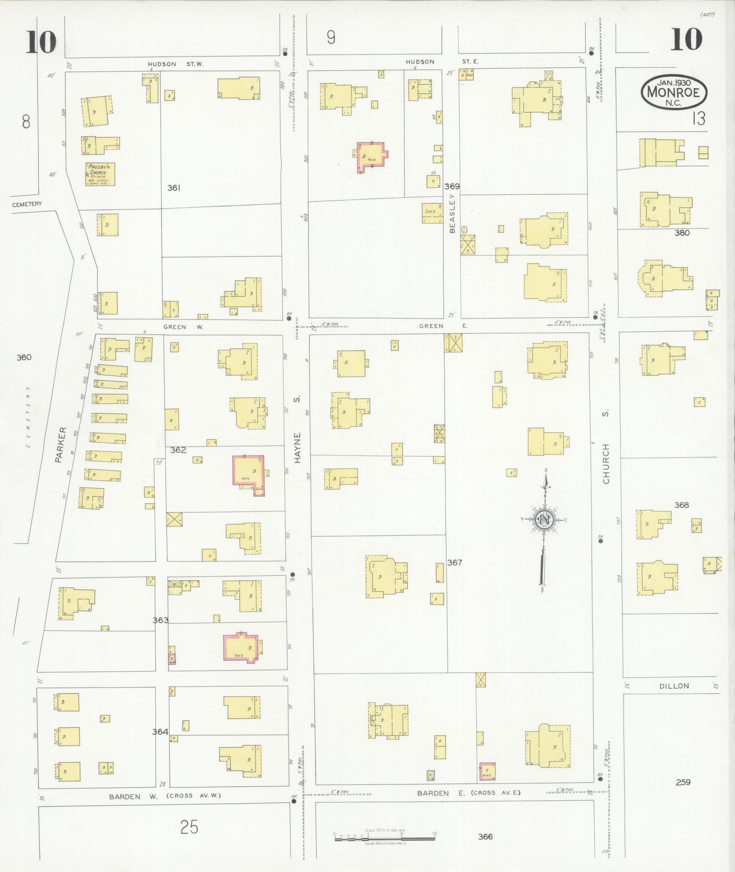 Sanborn Fire Insurance Map from Monroe, Union County, North Carolina (1930), Sheet #0010 - Complete Map Set gallery image, historic Sanborn map, vintage wall art, North Carolina North Carolina
