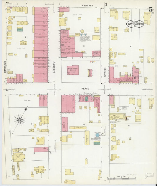 Sanborn Fire Insurance Map from Waynesboro, Burke County, Georgia (1907), Sheet #0005 - Historic Sanborn Fire Insurance Map Print, vintage old map wall art, antique decor, genealogy gift, Georgia Georgia map