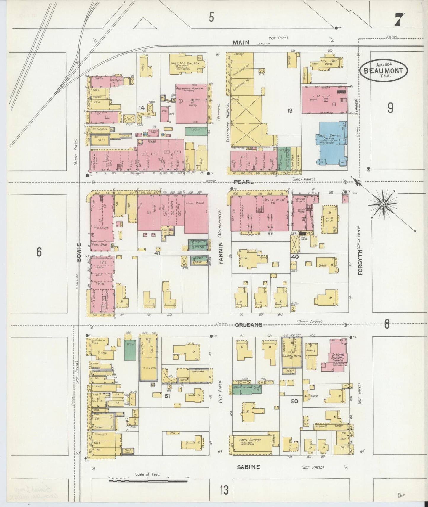 Sanborn Fire Insurance Map from Beaumont, Jefferson County, Texas (1904), Sheet #0007 - Historic Sanborn Fire Insurance Map Print, vintage old map wall art, antique decor, genealogy gift, Texas Texas map