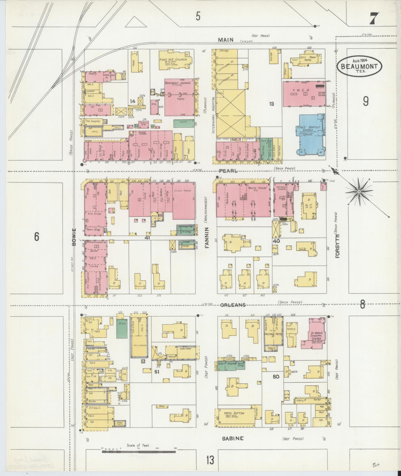 Sanborn Fire Insurance Map from Beaumont, Jefferson County, Texas (1904), Sheet #0007 - Historic Sanborn Fire Insurance Map Print, vintage old map wall art, antique decor, genealogy gift, Texas Texas map