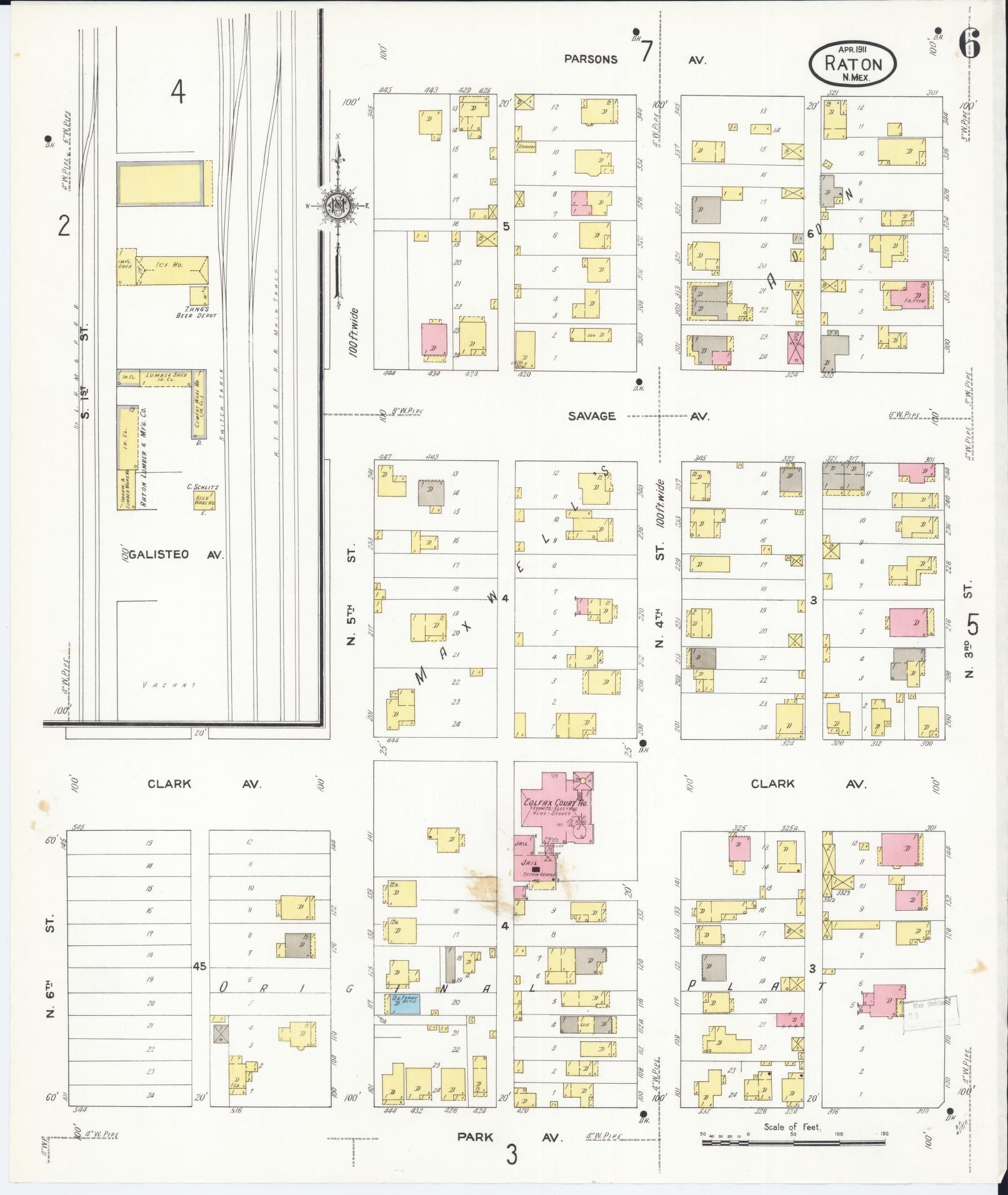 Sanborn Fire Insurance Map from Raton, Colfax County, New Mexico (1911), Sheet #0006 - Historic Sanborn Fire Insurance Map Print, vintage old map wall art, antique decor, genealogy gift, New Mexico New Mexico map