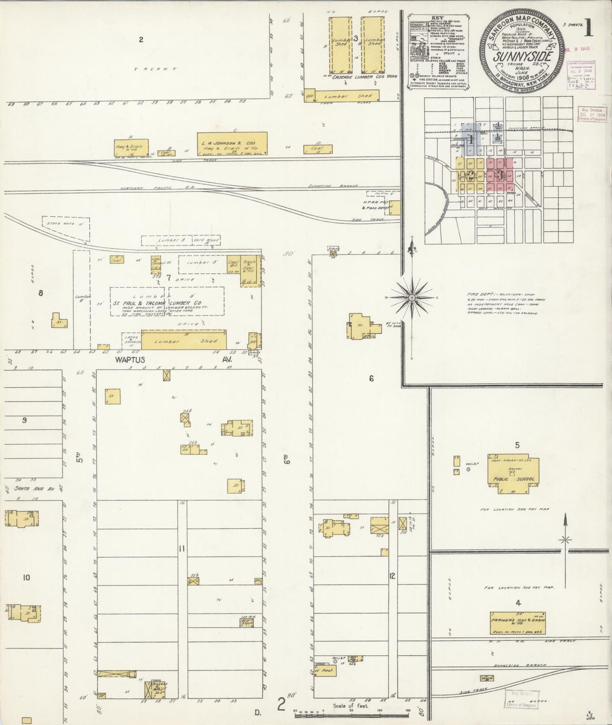 Sanborn Fire Insurance Map from Sunnyside, Yakima County, Washington (1908), Sheet #0001 - Historic Sanborn Fire Insurance Map Print, vintage old map wall art, antique decor, genealogy gift, Washington Washington map