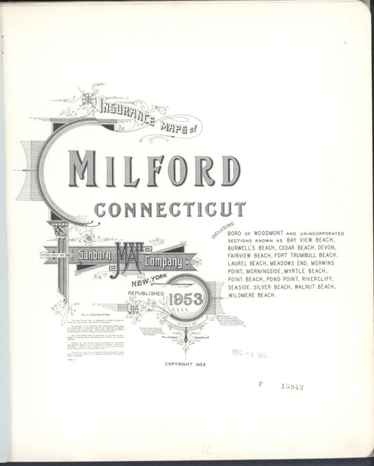 Sanborn Fire Insurance Map from Milford, New Haven County, Connecticut (1953), Sheet #0001 - Historic Sanborn Fire Insurance Map Print, vintage old map wall art, antique decor, genealogy gift, Connecticut Connecticut map