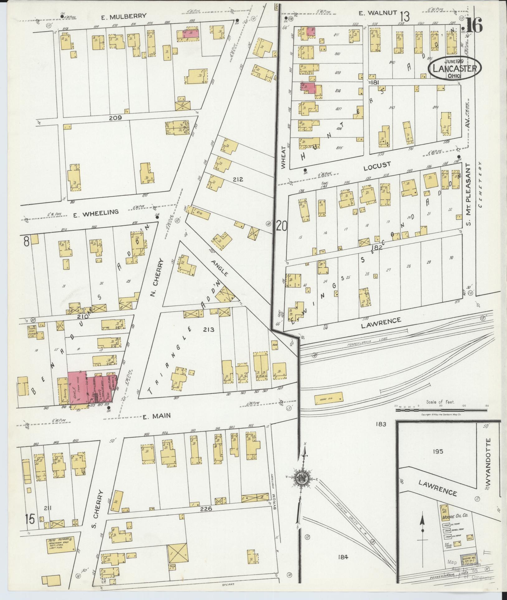 Sanborn Fire Insurance Map from Lancaster, Fairfield County, Ohio (1919), Sheet #0016 - Historic Sanborn Fire Insurance Map Print, vintage old map wall art, antique decor, genealogy gift, Ohio Ohio map