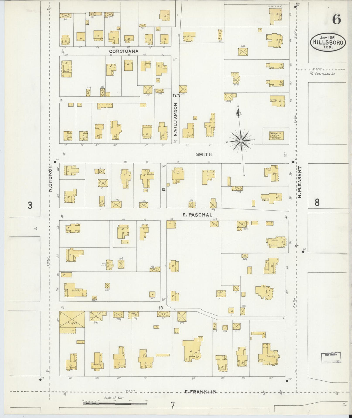 Sanborn Fire Insurance Map from Hillsboro, Hill County, Texas (1905), Sheet #0006 - Complete Map Set gallery image, historic Sanborn map, vintage wall art, Texas Texas