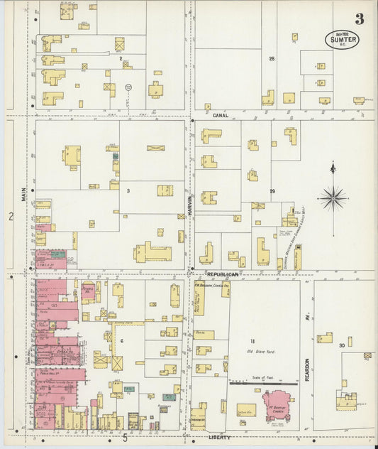 Sanborn Fire Insurance Map from Sumter, Sumter County, South Carolina (1902), Sheet #0003 - Historic Sanborn Fire Insurance Map Print, vintage old map wall art, antique decor, genealogy gift, South Carolina South Carolina map