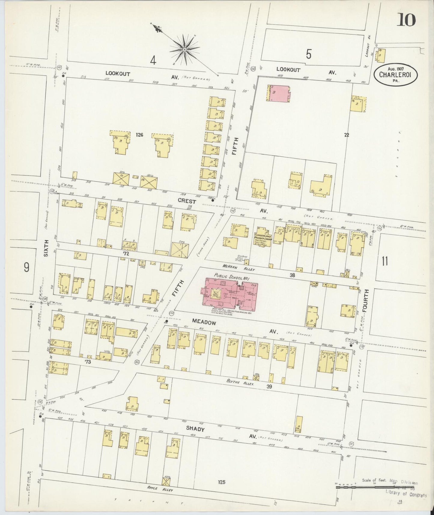 Sanborn Fire Insurance Map from Charleroi, Washington County, Pennsylvania (1907), Sheet #0010 - Historic Sanborn Fire Insurance Map Print, vintage old map wall art, antique decor, genealogy gift, Pennsylvania Pennsylvania map