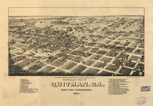 Panoramic view of Quitman, Ga. county-seat of Brooks-County 1885. (1885) – Historic Bird’s-Eye View Panorama Print