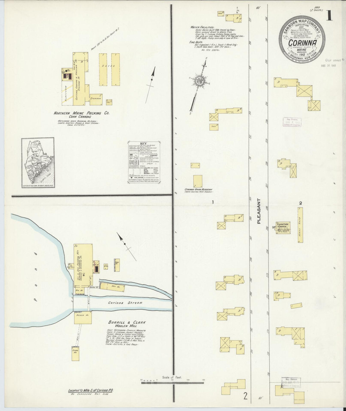 Sanborn Fire Insurance Map from Corinna, Penobscot County, Maine (1912), Sheet #0001 - Complete Map Set gallery image, historic Sanborn map, vintage wall art, Maine Maine