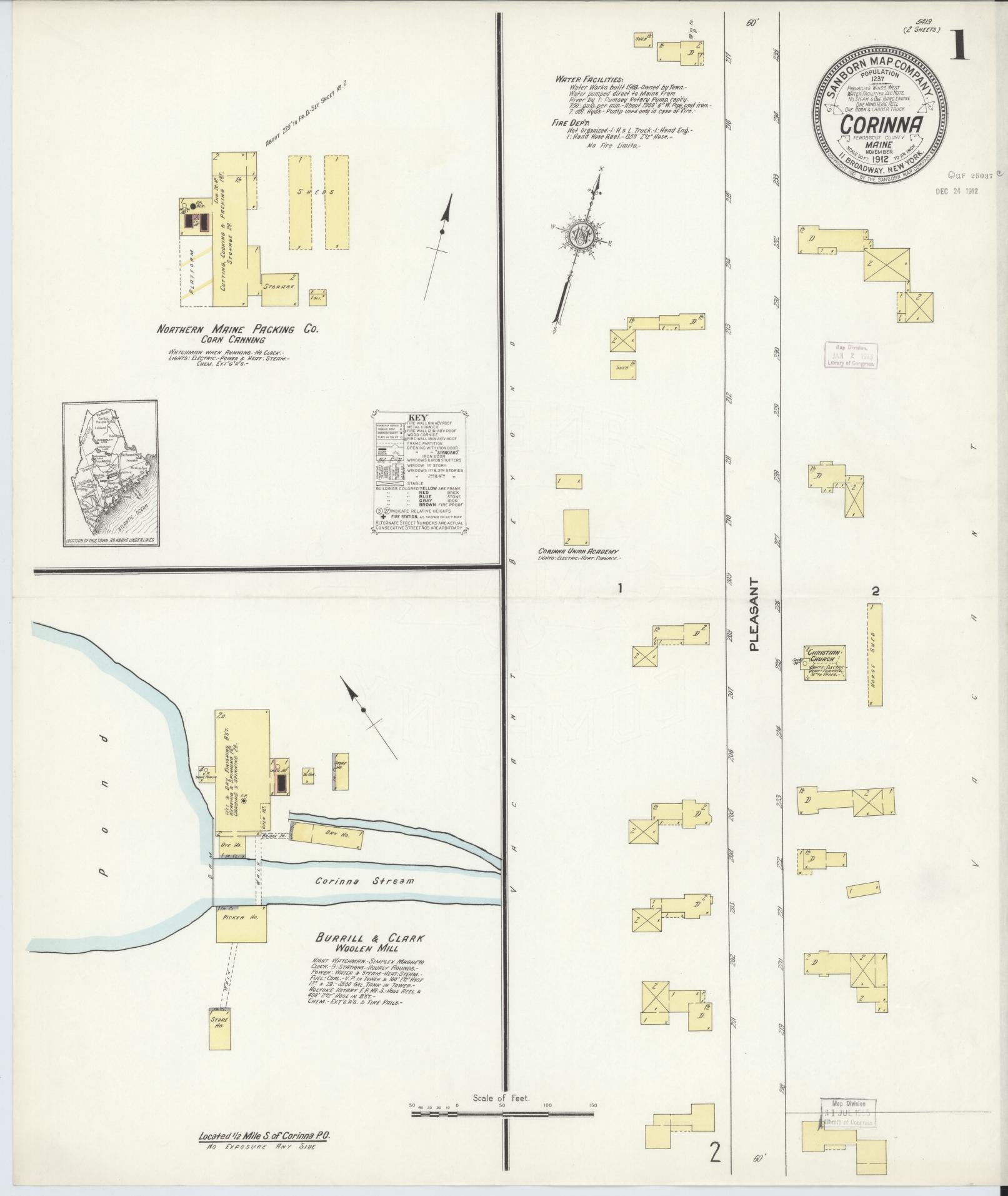 Sanborn Fire Insurance Map from Corinna, Penobscot County, Maine (1912), Sheet #0001 - Complete Map Set gallery image, historic Sanborn map, vintage wall art, Maine Maine
