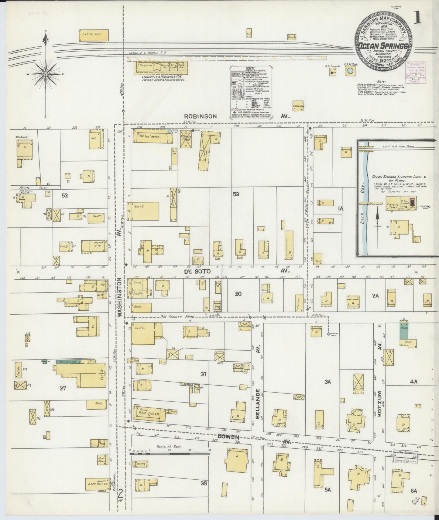Sanborn Fire Insurance Map from Ocean Springs, Jackson County, Mississippi (1904), Sheet #0001 - Complete Map Set gallery image, historic Sanborn map, vintage wall art, Mississippi Mississippi
