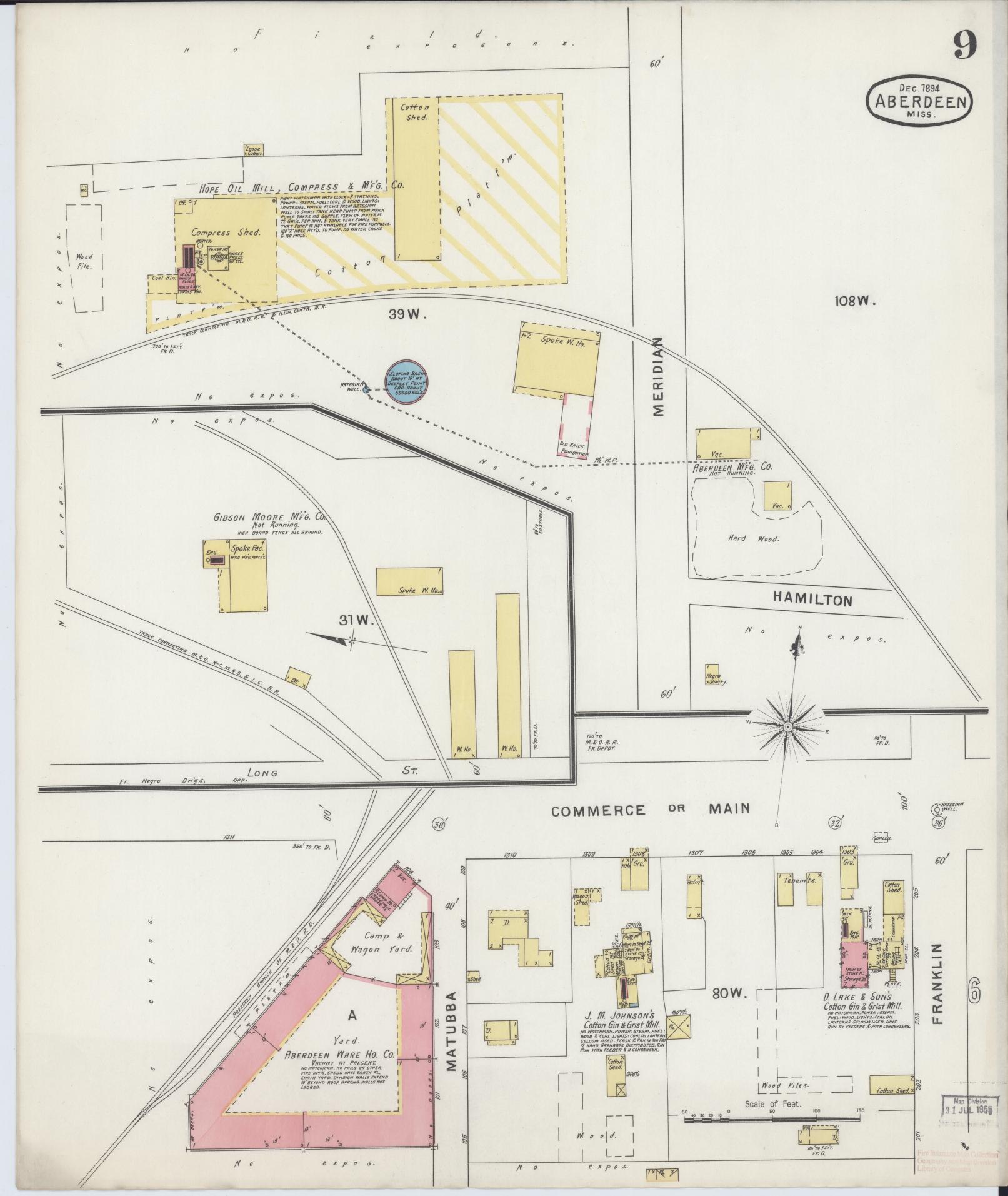 Sanborn Fire Insurance Map from Aberdeen, Monroe County, Mississippi (1894), Sheet #0009 - Complete Map Set gallery image, historic Sanborn map, vintage wall art, Mississippi Mississippi