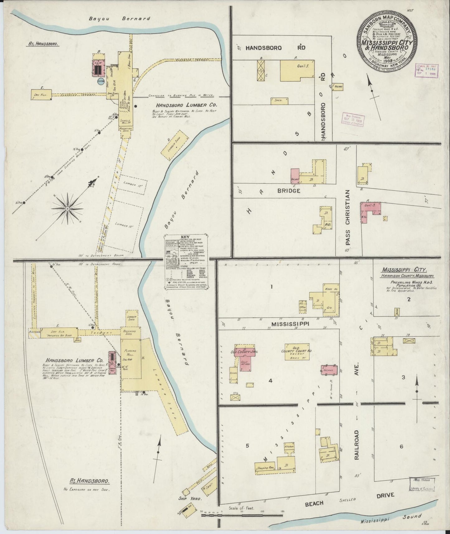 Sanborn Fire Insurance Map from Mississippi City, Harrison County, Mississippi (1909), Sheet #0001 - Historic Sanborn Fire Insurance Map Print, vintage old map wall art, antique decor, genealogy gift, Mississippi Mississippi map