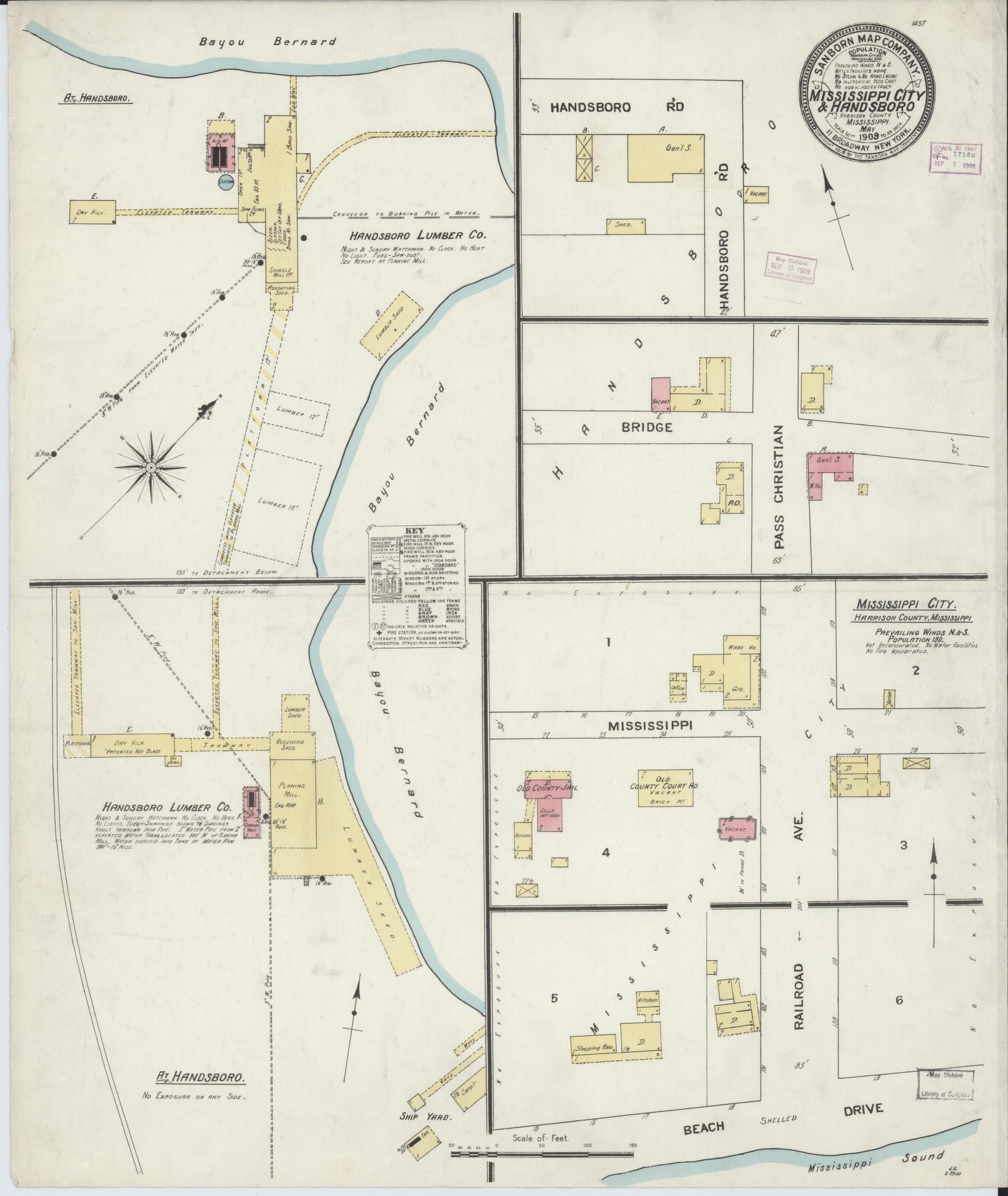 Sanborn Fire Insurance Map from Mississippi City, Harrison County, Mississippi (1909), Sheet #0001 - Historic Sanborn Fire Insurance Map Print, vintage old map wall art, antique decor, genealogy gift, Mississippi Mississippi map