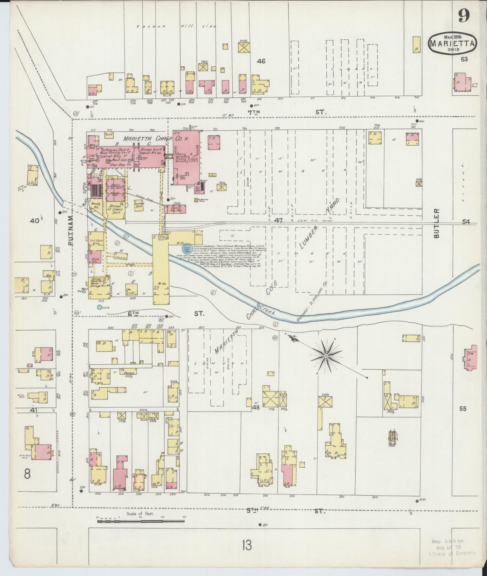 Sanborn Fire Insurance Map from Marietta, Washington County, Ohio (1896), Sheet #0009 - Historic Sanborn Fire Insurance Map Print, vintage old map wall art, antique decor, genealogy gift, Ohio Ohio map