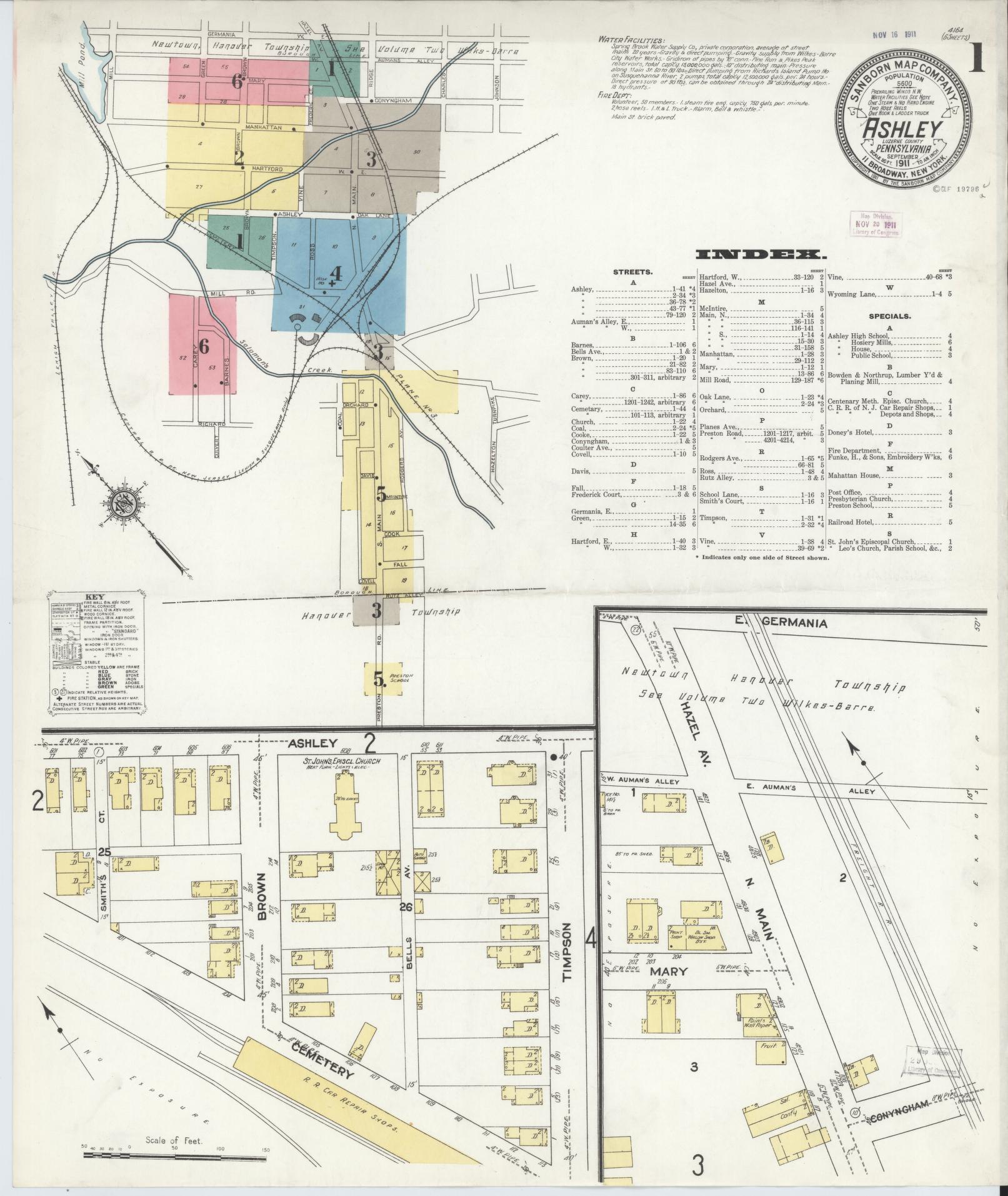 Sanborn Fire Insurance Map from Ashley, Luzerne County, Pennsylvania (1911), Sheet #0001 - Historic Sanborn Fire Insurance Map Print, vintage old map wall art, antique decor, genealogy gift, Pennsylvania Pennsylvania map