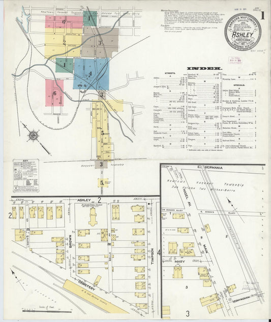 Sanborn Fire Insurance Map from Ashley, Luzerne County, Pennsylvania (1911), Sheet #0001 - Historic Sanborn Fire Insurance Map Print, vintage old map wall art, antique decor, genealogy gift, Pennsylvania Pennsylvania map