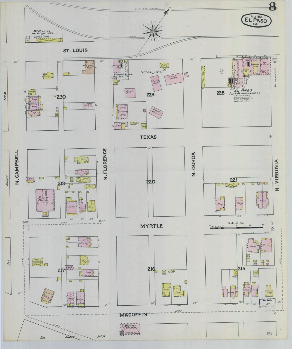 Sanborn Fire Insurance Map from El Paso, El Paso County, Texas (1888), Sheet #0008 - Historic Sanborn Fire Insurance Map Print, vintage old map wall art, antique decor, genealogy gift, Texas Texas map