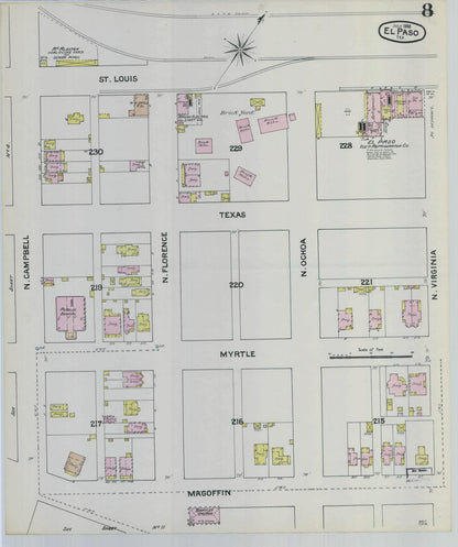 Sanborn Fire Insurance Map from El Paso, El Paso County, Texas (1888), Sheet #0008 - Historic Sanborn Fire Insurance Map Print, vintage old map wall art, antique decor, genealogy gift, Texas Texas map