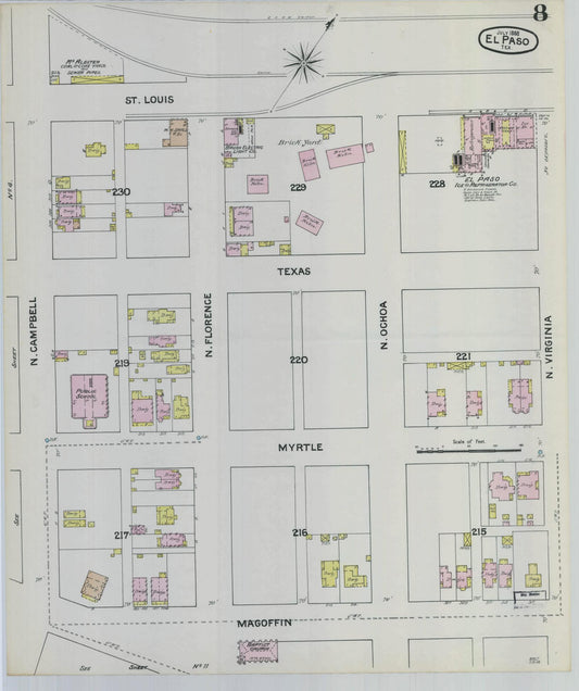 Sanborn Fire Insurance Map from El Paso, El Paso County, Texas (1888), Sheet #0008 - Historic Sanborn Fire Insurance Map Print, vintage old map wall art, antique decor, genealogy gift, Texas Texas map
