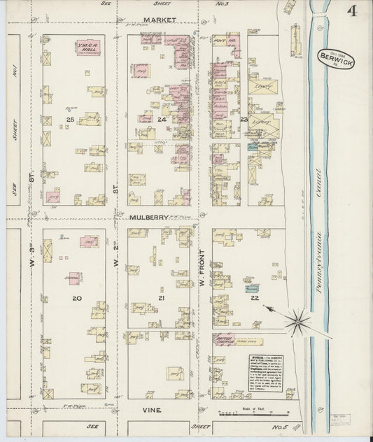 Sanborn Fire Insurance Map from Berwick, Columbia County, Pennsylvania (1884), Sheet #0004 - Historic Sanborn Fire Insurance Map Print, vintage old map wall art, antique decor, genealogy gift, Pennsylvania Pennsylvania map