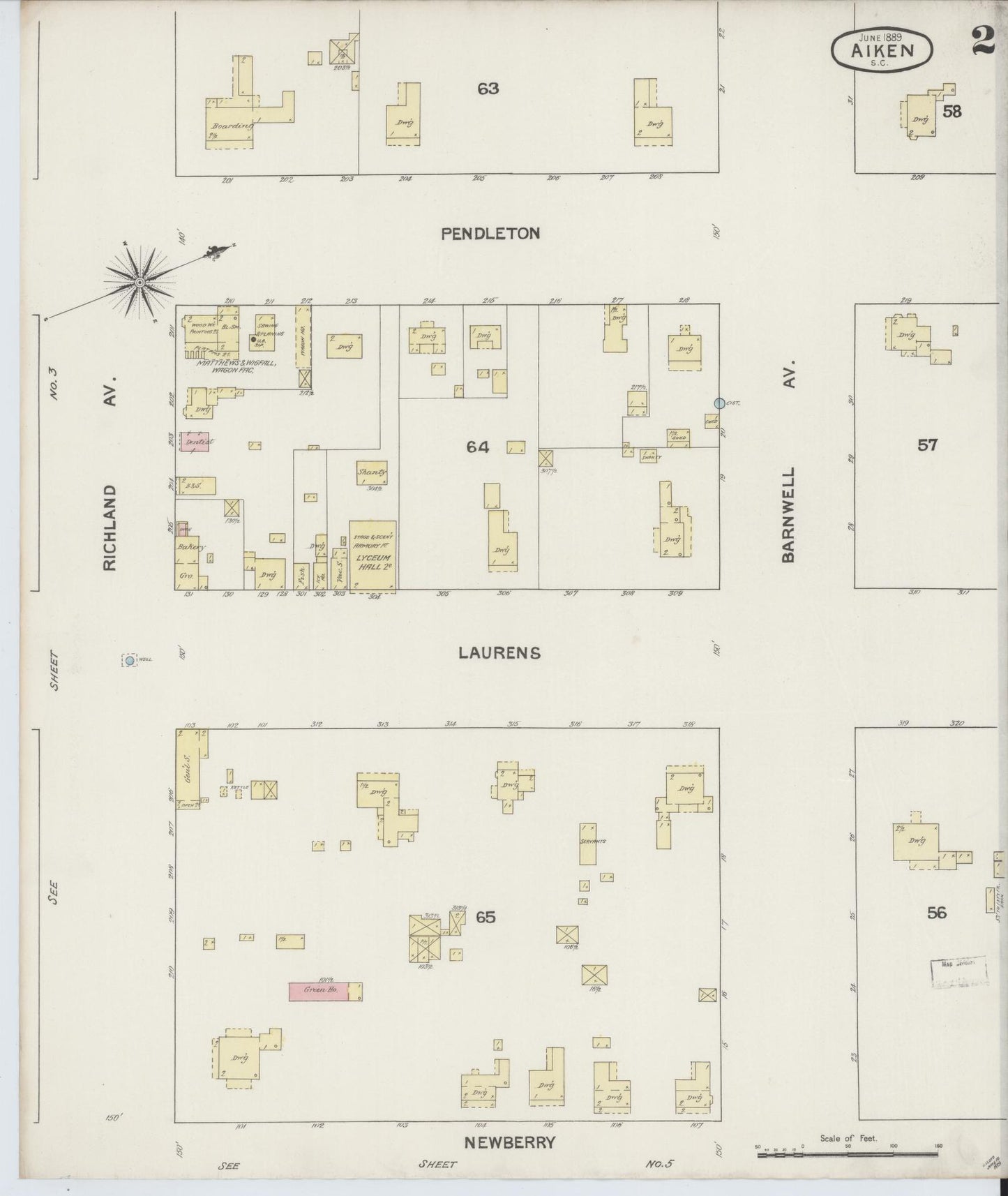 Sanborn Fire Insurance Map from Aiken, Aiken County, South Carolina (1889), Sheet #0002 - Complete Map Set gallery image, historic Sanborn map, vintage wall art, South Carolina South Carolina