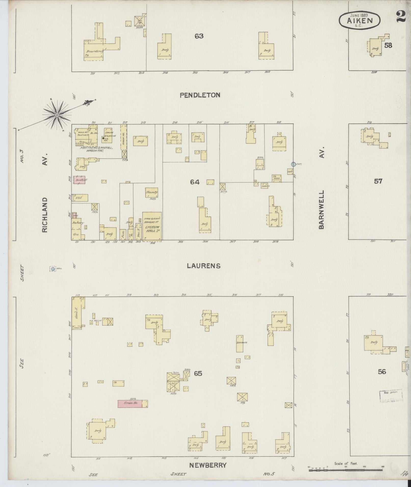 Sanborn Fire Insurance Map from Aiken, Aiken County, South Carolina (1889), Sheet #0002 - Complete Map Set gallery image, historic Sanborn map, vintage wall art, South Carolina South Carolina